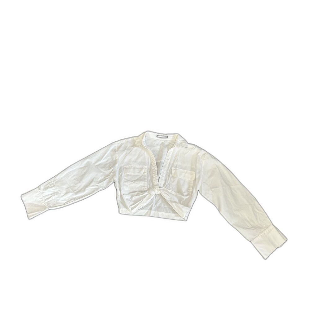 Zara white cropped long sleeve v neck shirt M